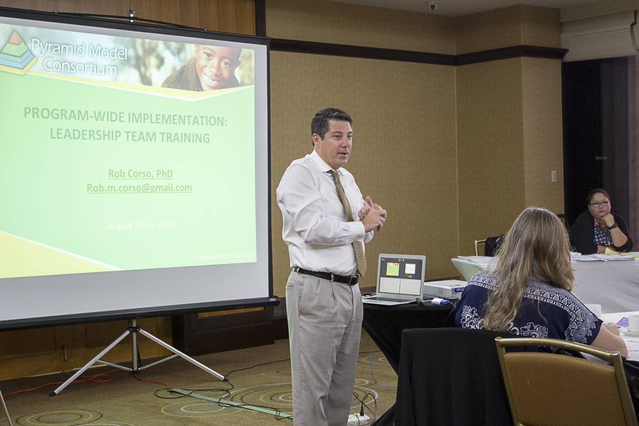 Dr. Robert Corso, national trainer from the Pyramid Model Consortium, provides overview of the agenda for the “Pyramid Model Program-Wide Implementation” training held August 22-23, 2016 at the Westin Resort Guam. 