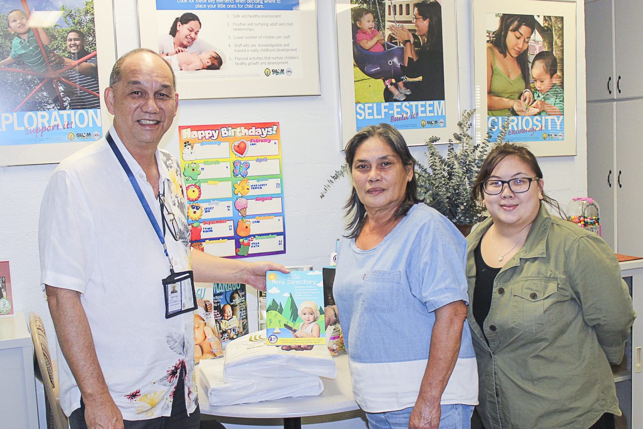 Guam CEDDERS provided 40 copies of the 2016 Neni Directory to Robert L. Dames, Offender Workforce Development Specialist at the Guam Department of Labor (DOL) on August 22.   The Directories will be passed out to DOL staff who provide counseling supports and to parents of young children who are seeking the assistance from the various workforce development programs.  Pictured from left to right are Robert L. Dames, Department of Labor; Ruth Leon Guerrero and Jenika Ballesta, Guam CEDDERS/Guam Early Hearing Detection and Intervention (Guam EHDI) staff.