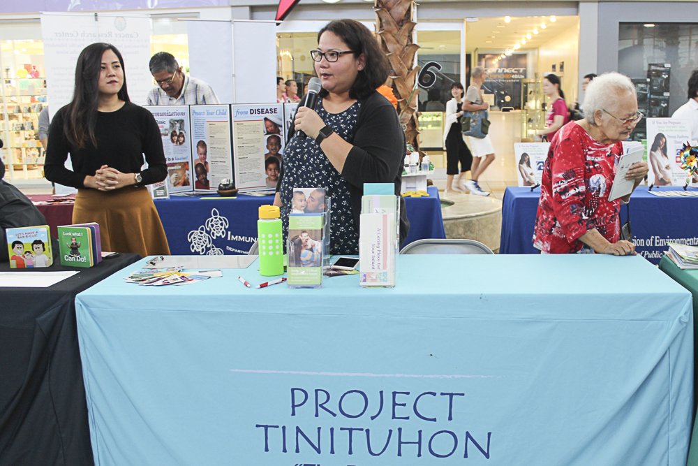 Vera Blaz, Guam CEDDERS Training Associate, shares information about Project Tinituhon and the Ages & Stages Questionnaire (ASQ) at Department of Public Health & Social Services (DPHSS) Healthy Mothers, Healthy Babies Fair held at the Micronesia Mall on January 7. ASQ is a developmental screening tool used to learn more about a child’s development.